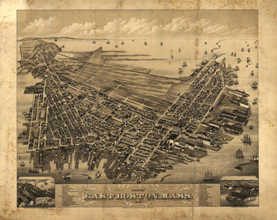 Panoramic Map of East Boston MA 16x20