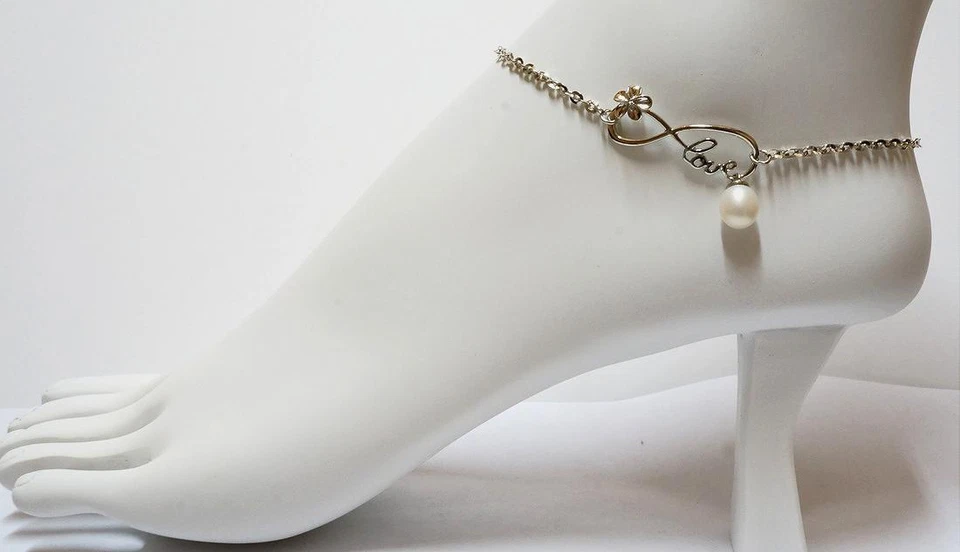 Гавайский родий серебро 925 Plumeria Infinity Love FW белый жемчуг лодыжки 9-11" - Изображение 2 из 4