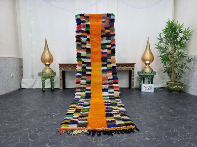 Moroccan Handmade Vintage Rug 2'6''x9'7'' Berber Checkered Orange Blue Carpet 