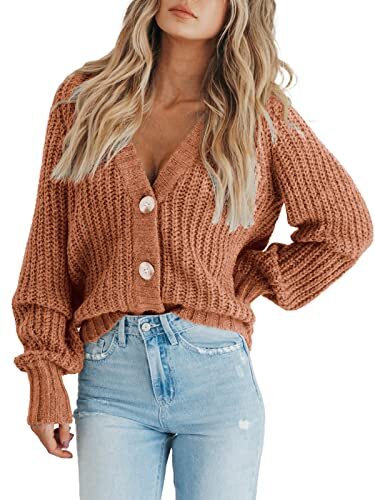 Women's Chunky Knit Open Front Sweater Long Sleeve Button Large Light Orange - Bild 3 von 7