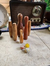 Vintage WOODEN MINI BOWLING 6 Pins mixed Set with 3 marble Balls