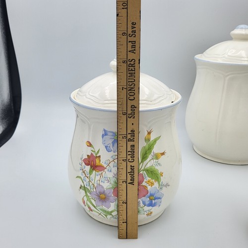 VTG Kitchen Made Japan Containers Set Lot 3 Ceramic Teal Aqua Floral Flaws Chips - Picture 4 of 19