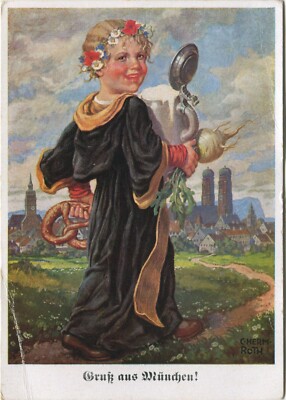 KIND MIT BIER, BREZEL, C HERM ROTH, MÜNCHEN, DEUTSCHLAND - große AK