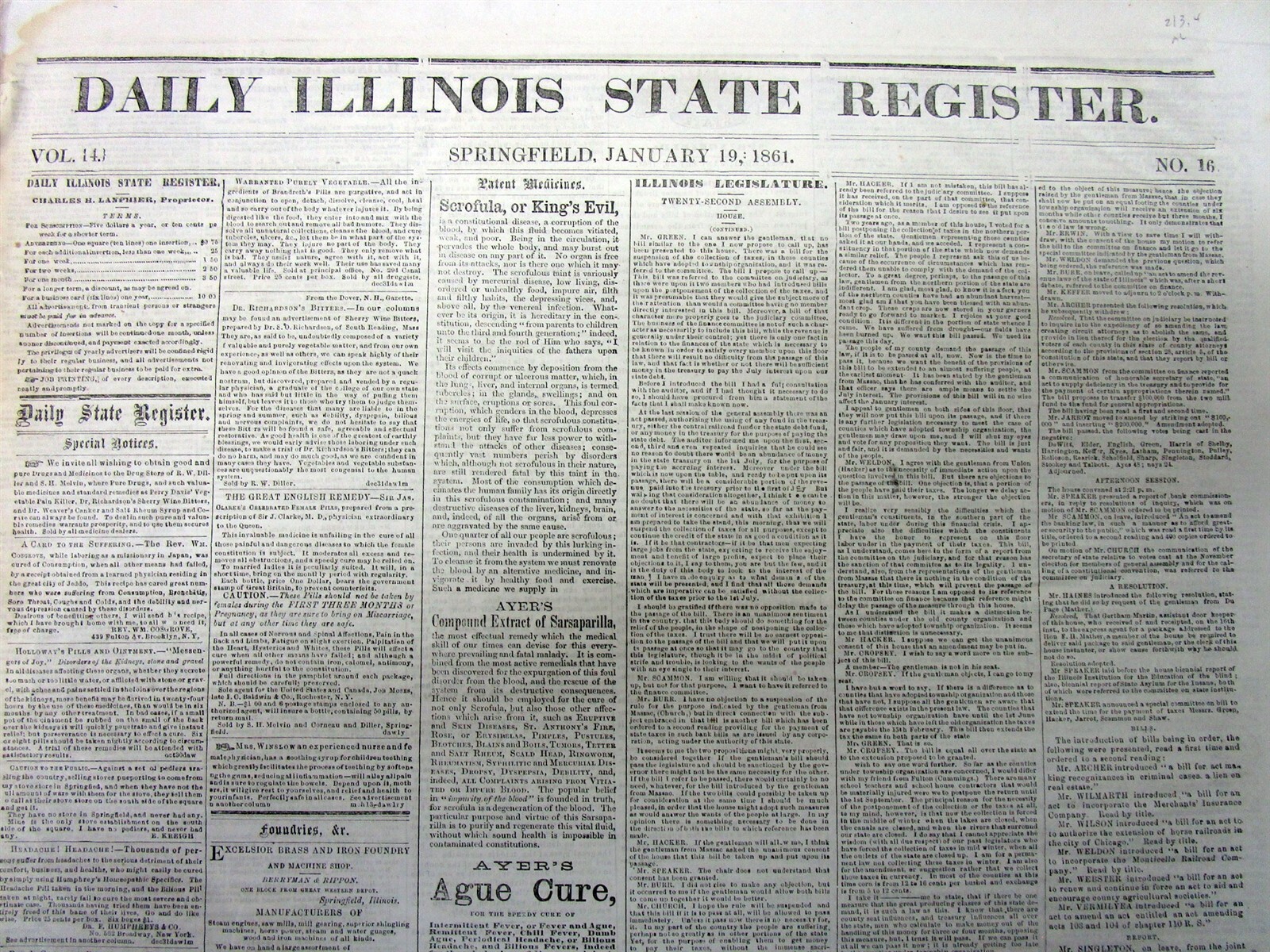 1861 ABRAHAM LINCOLN HOMETOWN newspaper w ELECTION RESULTS B4 ABE LEAVES for DC