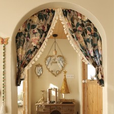 Floral Print Door Curtain Semi-Blackout Window Drape Decoration Tassel Trim Lace