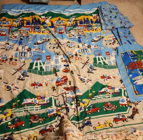 Rare Vintage LEGO SYSTEMS Lot Twin Comforter Blanket Bedding Sheets, Pillowcase