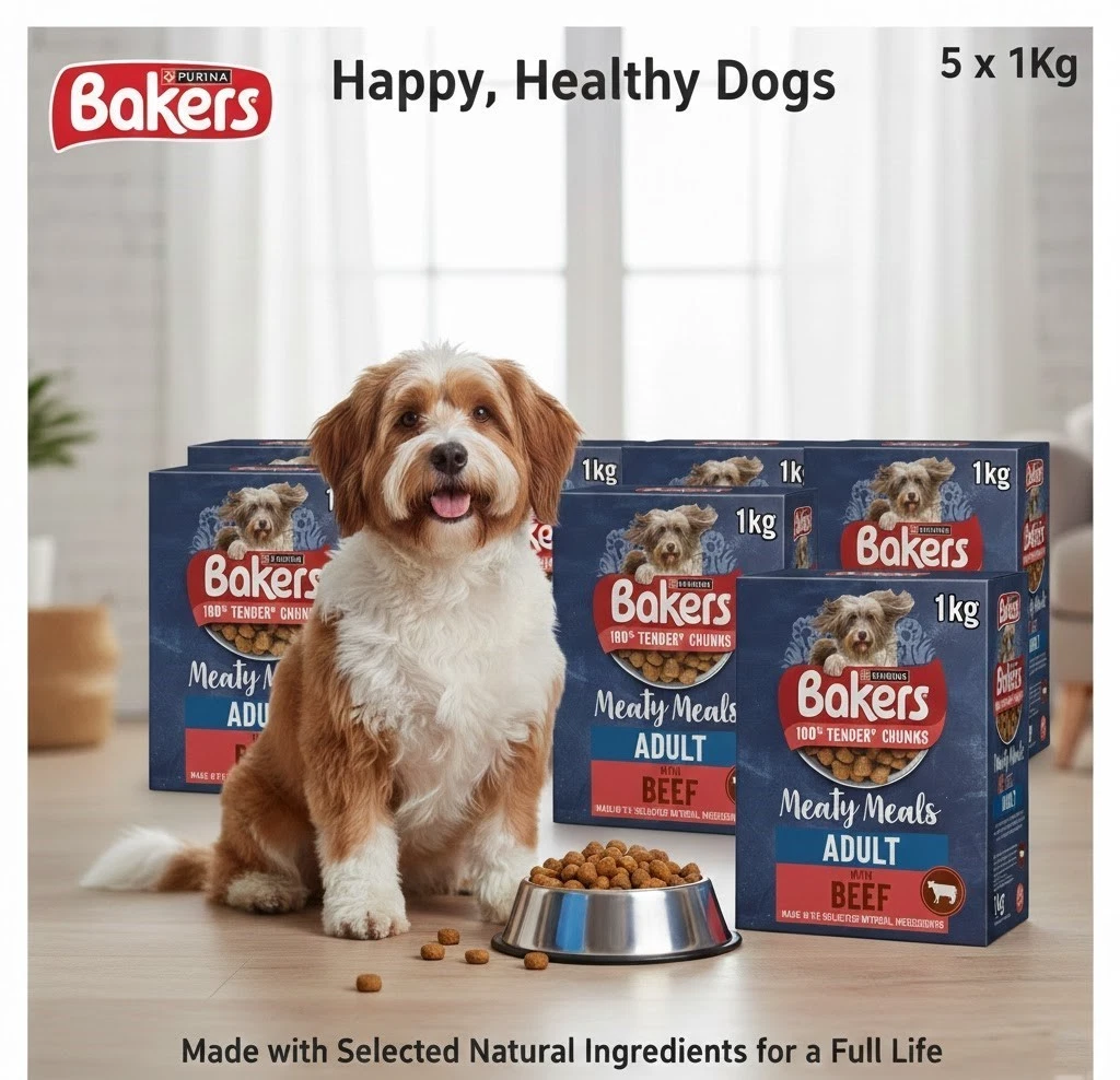 Bakers Meaty Meals Beef Dry Dog Food 5 x 1kg Bulk Bundle - 100% Tender Chunks