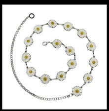 White Daisy Silver Accents Waist Chain Belt Metal Adjustable