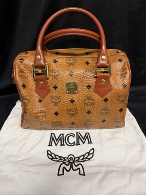 MCM Boston Bag Cognac Visetos Monogram Canvas Tan Leather Handle, Top Handle Bag