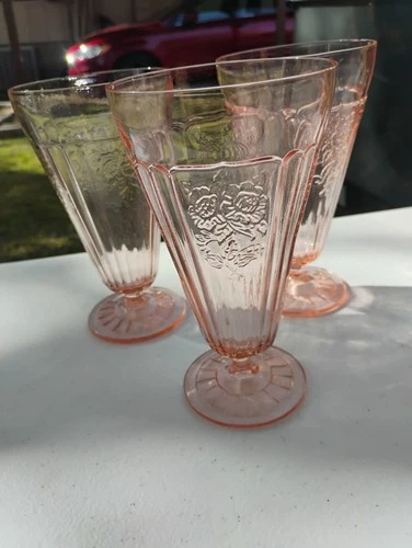 Set of 4 - Anchor Hocking PINK MAYFAIR "Open Rose" Footed Ice Tea Tumbler 6 5/8"