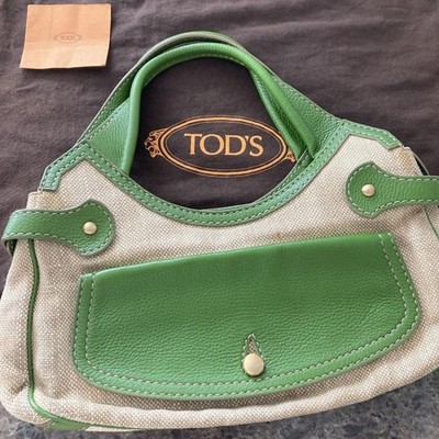 TOD S Canvas Leder One Shoulder Handtasche Khaki Grün Geprägtes Logo