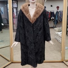 Vintage Broadtail Lamb Fur Coat with Mink Collar - size XL