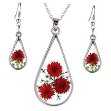 Turquoise Pressed Flowers Teardrop Drop Dangle Earrings Pendant Necklace Red