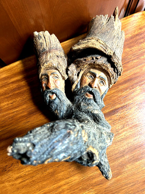 Unique Two Faces Forest Tree Spirit Hand Carved Wood Carving Signd Folk Art OOAK