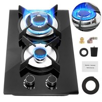30cm Gas Cooktop Black Tempered Glass 2 Burners Built-in Hob NG/LPG Convertible
