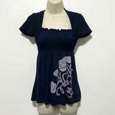 Wet Seal Juniors Y2K Babydoll Top Size S Navy Blue Floral Smocked 2000s Preppy