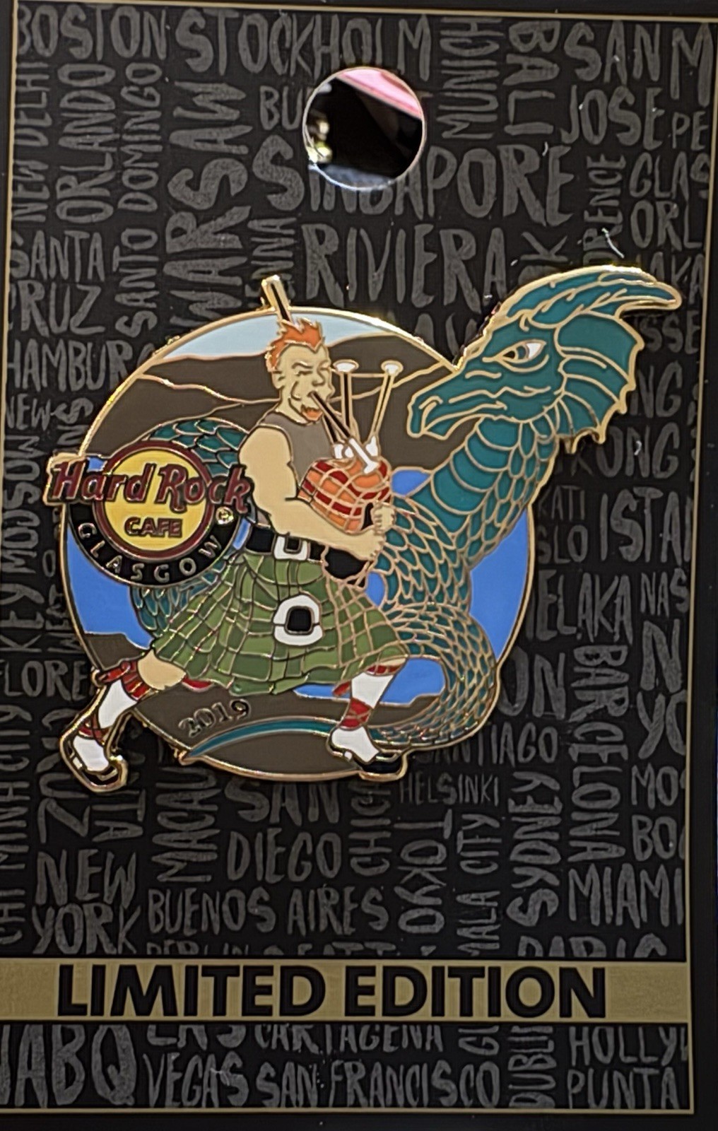 Hard Rock Café Glasgow Bag Pipes Dragón 2019 edición limitada