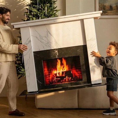 Mobile Fireplace Prop Marble Finish DIY 3D Cardboard Kit Fits 24'' TV