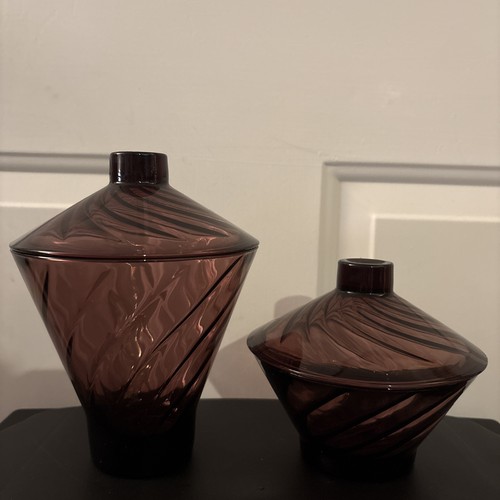 Hazel Atlas Moroccan Amethyst Candy Dishes with Lids 2 pc Set Vintage Glass