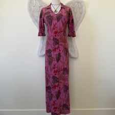 Y2K Indie Girly Grunge Pink Floral Monstera Maxi Dress V-Neck 3/4 Ruffle Sleeve