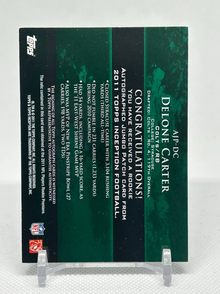 2011 Topps Inception Rookie Grey /50 Delone Carter RPA Jumbo Patch Auto RC - Image 2 of 2