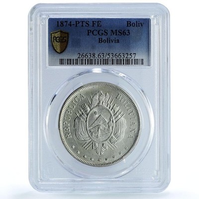 Bolivia 1 boliviano Republic KM.160.1 MS 63 PCGS silver coin 1874