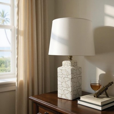 Cremefarbene Keramik Tischlampe mit Trommelschirm 59 cm - modernes abstraktes Design & Druck
