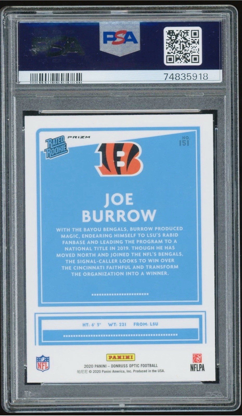 Joe Burrow 2020 Panini Donruss Optic Blue Scope Prizm RC #151 Rookie Card PSA 10 view 2