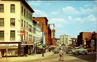 Busy Street Scene, Seneca Street, Geneva New York Postcard c1950s