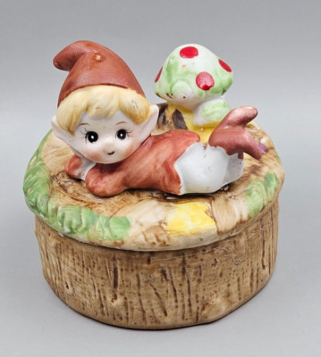 Vintage 1970's Pixie Elf Gnome Mushrooms Ceramic Trinket Box Homco #5404 Taiwan