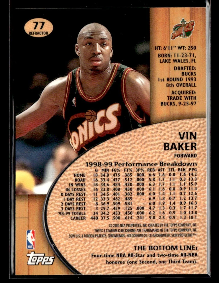 Vin Baker 1999-00 Stadium Club Chrome #77 Refractors Seattle SuperSonics - Image 2 of 2