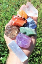 7 Chakra Stone Set (Large) 7 Natural Rough Stones, Selenite Stick & Directions!