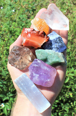 LARGE 7 Chakra Rough Stone Set - Seven Raw Stones, Selenite Stick & Directions