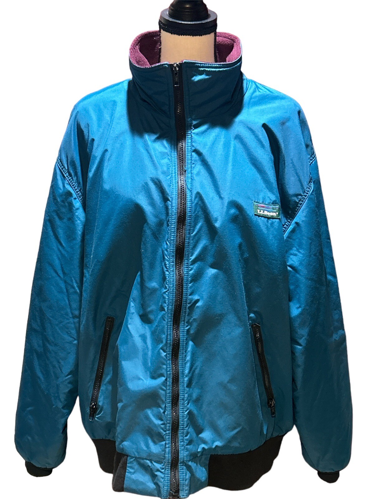 LL Bean Zip Up Jacket Freeport Maine Fleece Lined Blue Teal Warm Ski Snow Winter