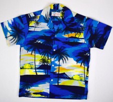 Vintage Hawaiian Shirt Shoreline Hawaii Size M/L 60s 70s Blue Big Scene Back
