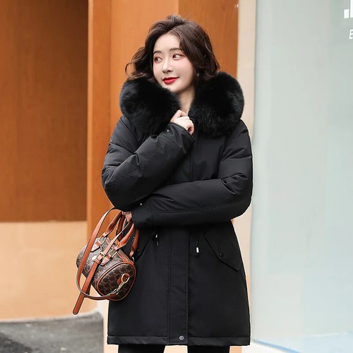 New Women Parka Winter Jacket Slim Fur Collar Warm Snow Padded Wool Liner Hooded
