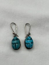Egyptian Silver Base Ceramic Scarabs Good Luck Earrings 1.25"