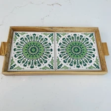 Tile Trivet Carved Wood Serving Tray Green White Rustic Kitchen Hot Plate