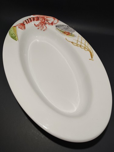 Pier 1 Oval Seafood Serving Bowl Hand Painted Shellfish and lime on one edge 12" - Picture 2 of 7
