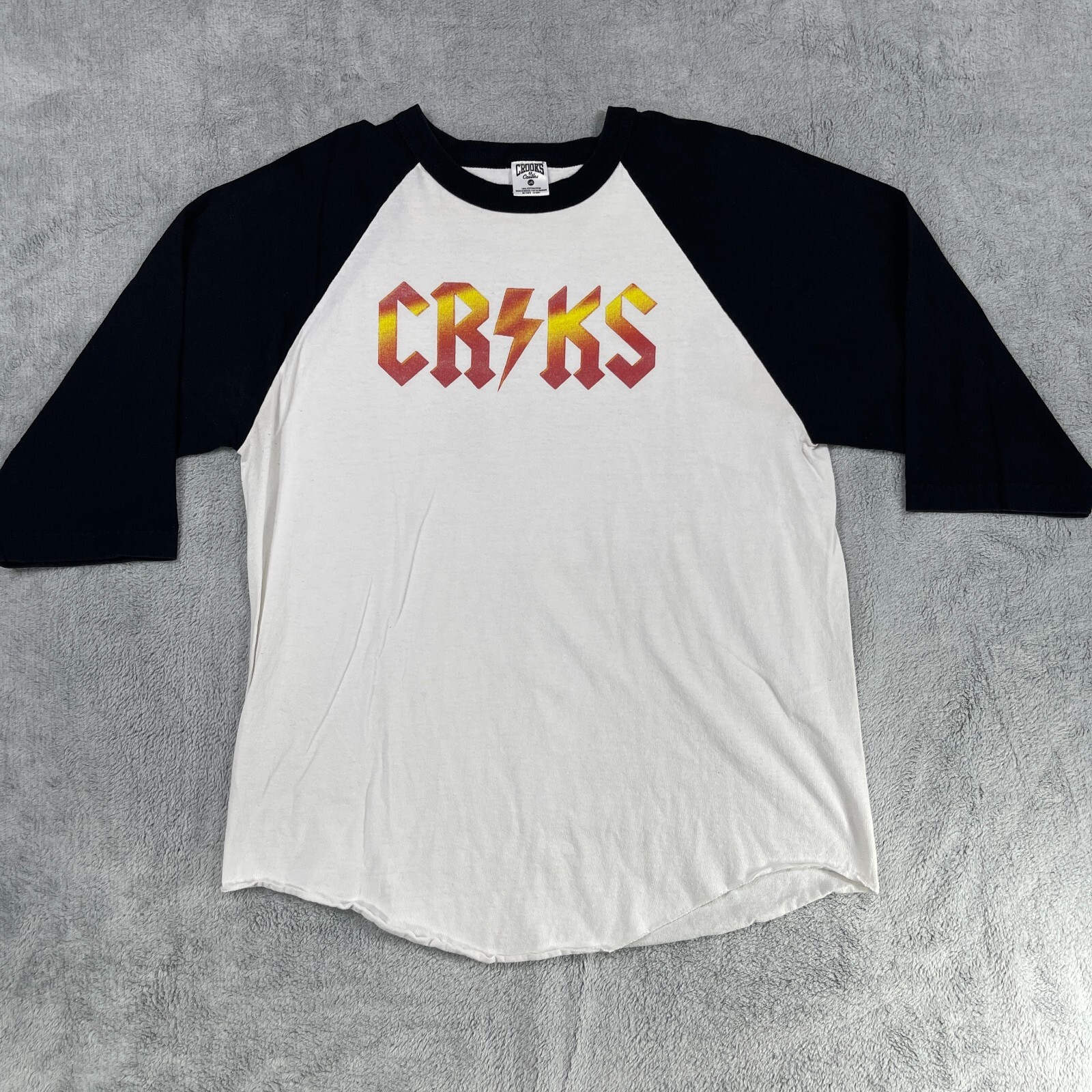 Crooks & Castle Shirt Men's Large Black White Cotton Logo Raglan Sleeve Pullover