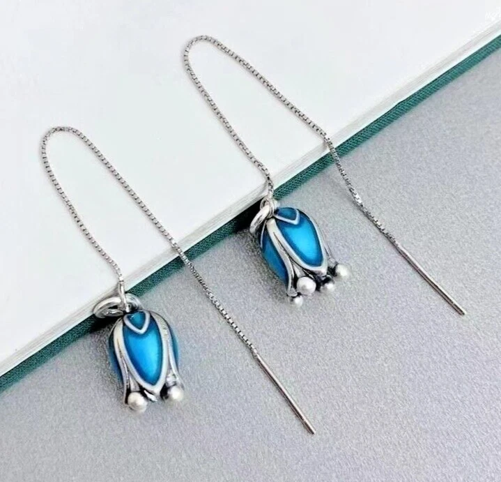 925 Silver Plated Enamel blue flower Earrings Tassel Dangle Drop Vintage Jewelry - Image 4 of 4