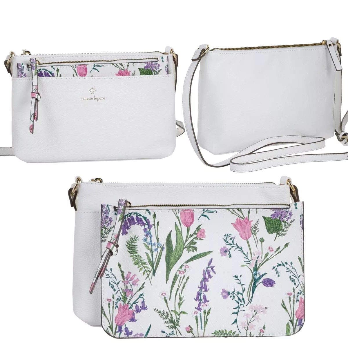 Nanette Lepore Handbag MIRABEL White Crossbody W/add Pouch Floral VEGAN  LEATHER