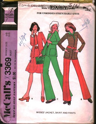 3369 Vintage McCalls SEWING Pattern Misses 1970s Jacket Skirt Pants Step by Step