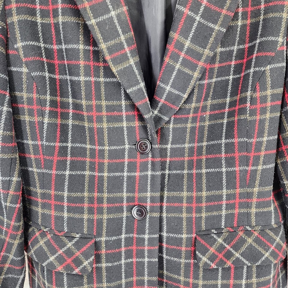 Vintage Sag Harbor Plaid Blazer Women 12 Wool Red Black Dark Academia