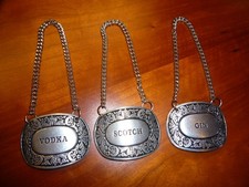 DECANTER LABEL SET OF 3:- VODKA, SCOTCH & GIN VINTAGE PEWTER WITH NIELLO INLAY ?