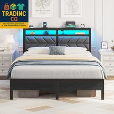 Bed Frame Full Size with Charging Station, LED Bed with Upholstered Storage Head