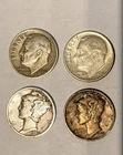 Lot of (4) 90% Silver (2) Mercury Dimes 1941- 1942 & (2) 1946-50 Roosevelt Dimes