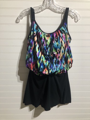 Longitude Bubble Blouson Multi/Black Skirted Swim Dress Women's 10