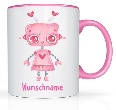 Roboter Mädchen mit Namen Motiv Namensbecher Namenstasse Weiß-Rosa Wunschname