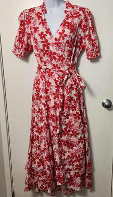 Draper James NWT Naomi Wrap Dress in Exploded Daisies Pink Multi Cotton Tiered 8